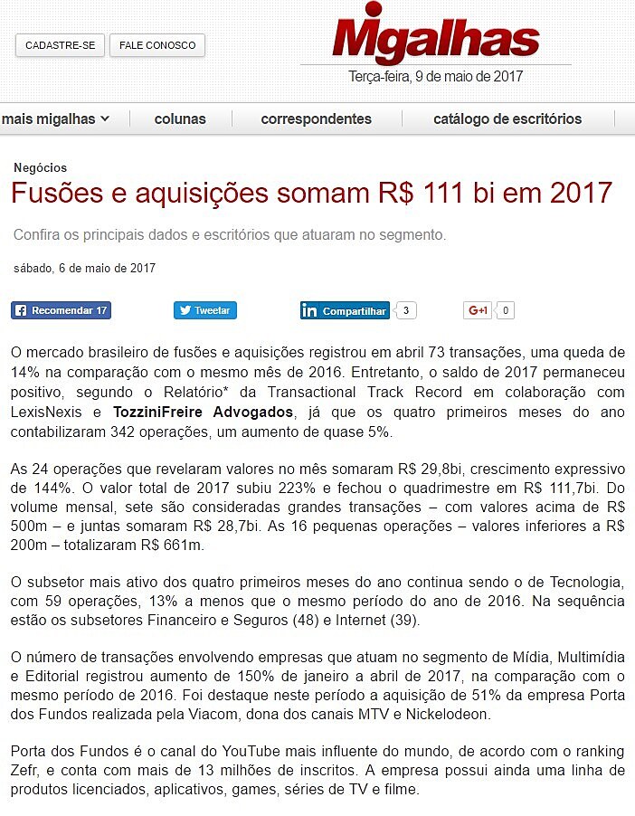 Fuses e aquisies somam R$ 111 bi em 2017